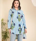 Women's white floral stripe high-low shirt