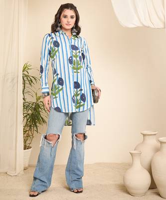 Women's white floral stripe high-low shirt 2