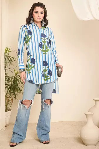 Women's white floral stripe high-low shirt