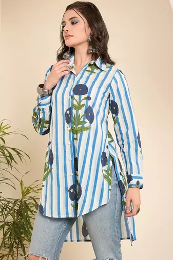 Women's white floral stripe high-low shirt