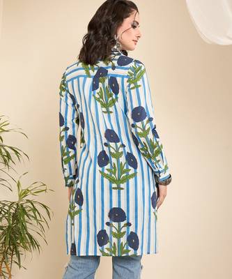 Women's white floral stripe high-low shirt 4