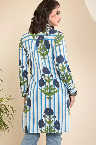 Women's white floral stripe high-low shirt