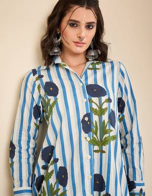 Women's white floral stripe high-low shirt 5