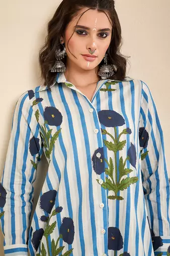 Women's white floral stripe high-low shirt