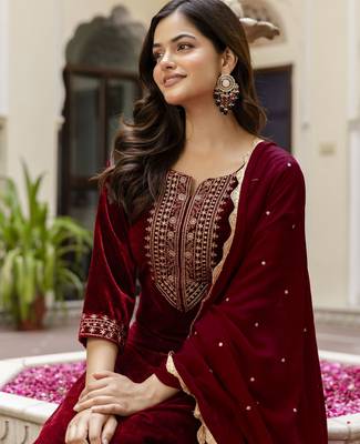 Stunning Maroon Velvet Embroidery Salwar Suit Set Kurta Pant with Dupatta 7
