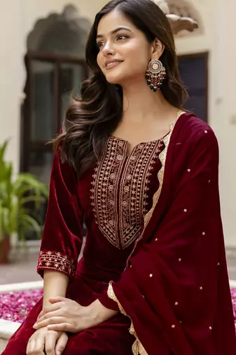 Trendmalls Stunning Maroon Velvet Embroidery Salwar Suit Set Kurta Pant with Dupatta