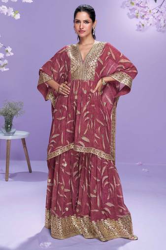 Mauve embroidered with gota work & printed gerogette kaftan gharara suit -  free size stitching (size upto 42")