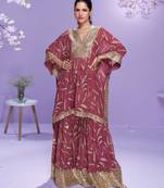 Mauve embroidered with gota work & printed gerogette kaftan gharara suit -  free size stitching (size upto 42")