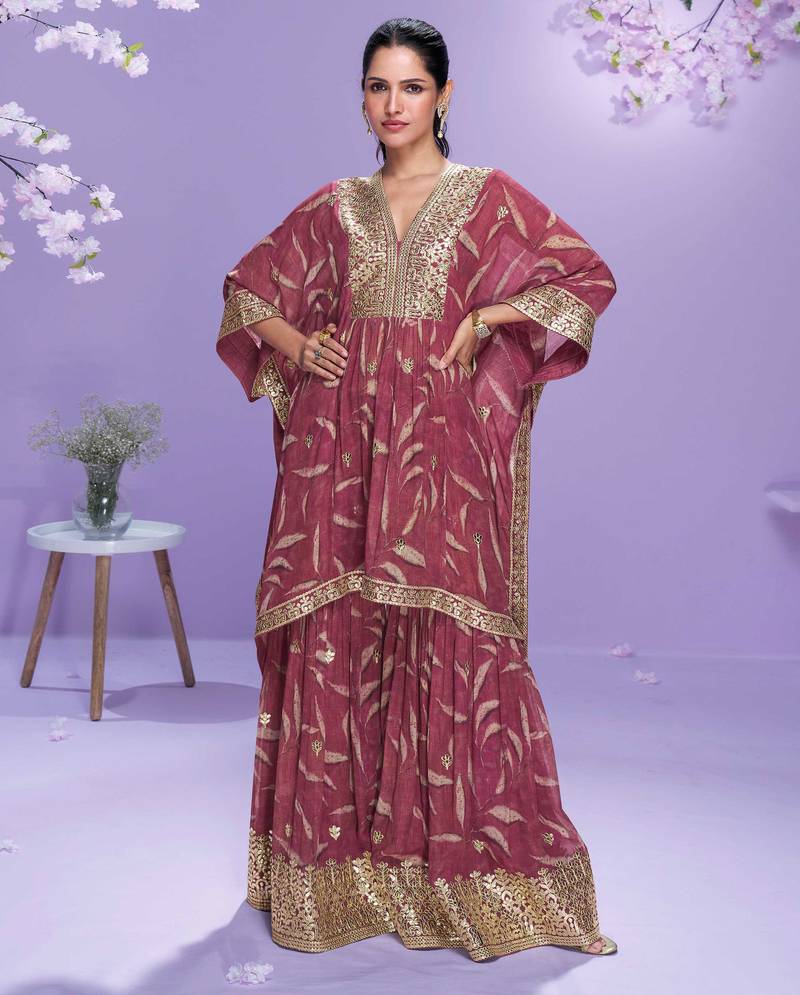 Mauve embroidered with gota work & printed gerogette kaftan gharara suit -  free size stitching (size upto 42")