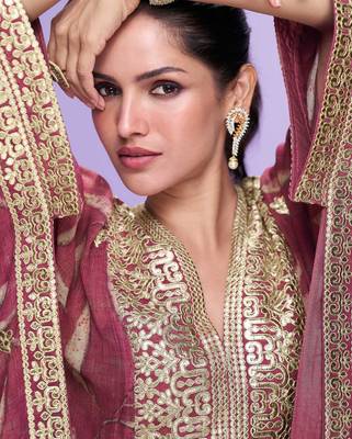 Mauve embroidered with gota work & printed gerogette kaftan gharara suit -  free size stitching (size upto 42") 2