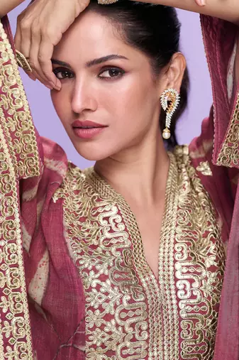 Mauve embroidered with gota work & printed gerogette kaftan gharara suit -  free size stitching (size upto 42")