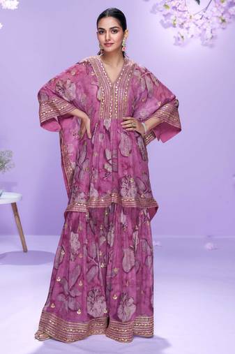 Pink embroidered with gota work & printed gerogette kaftan gharara suit -  free size stitching (size upto 42")