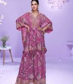 Pink embroidered with gota work & printed gerogette kaftan gharara suit -  free size stitching (size upto 42")
