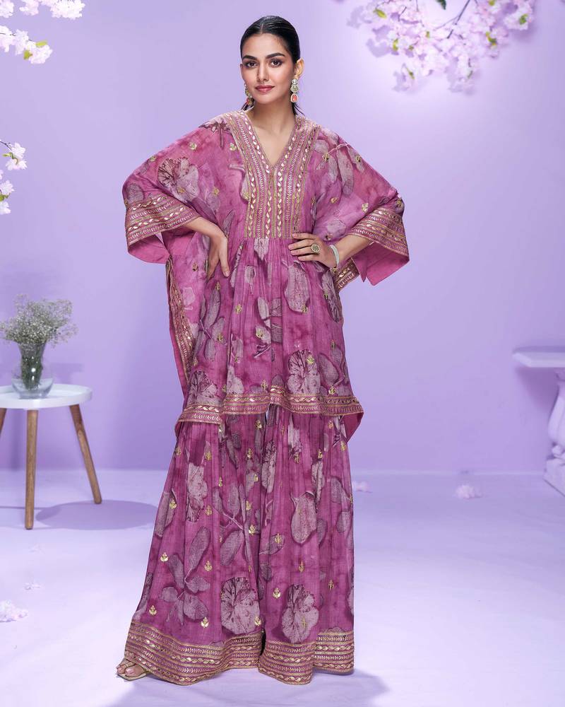 Pink embroidered with gota work & printed gerogette kaftan gharara suit -  free size stitching (size upto 42")