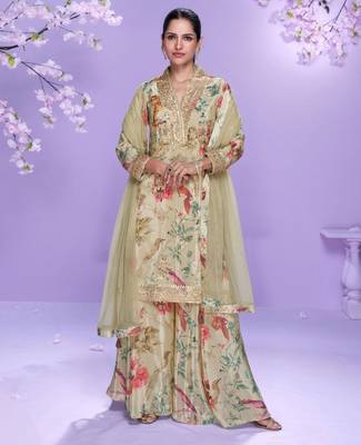 Beige hand work embroidered mirror work & printed chinnon straight palazzo suit - free size(size upto 42") 1