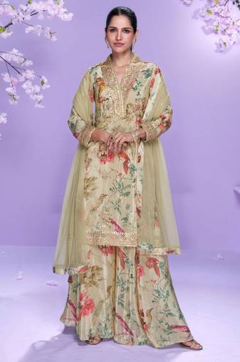 Beige hand work embroidered, mirror work & printed chinnon straight palazzo suit -  free size stitching (size upto 42")