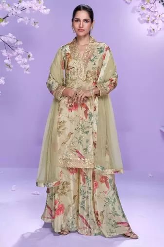 Beige hand work embroidered, mirror work & printed chinnon straight palazzo suit -  free size stitching (size upto 42")