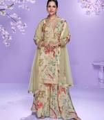 Beige hand work embroidered mirror work & printed chinnon straight palazzo suit - free size(size upto 42")