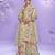 Beige hand work embroidered, mirror work & printed chinnon straight palazzo suit -  free size stitching (size upto 42")