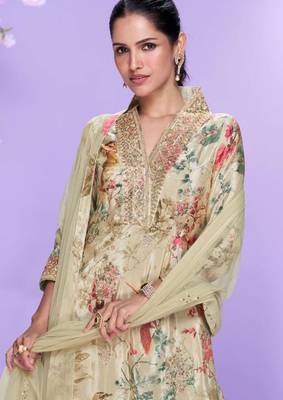 Beige hand work embroidered mirror work & printed chinnon straight palazzo suit - free size(size upto 42") 2
