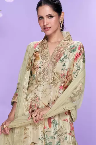 Beige hand work embroidered mirror work & printed chinnon straight palazzo suit - free size(size upto 42")