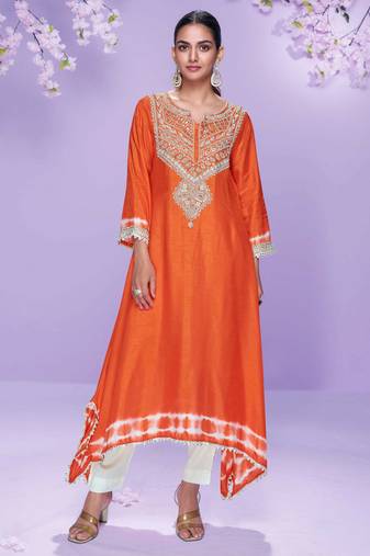 Orange embroidered,mirror,& sequins, printed silk a-line high low kurti pant suit -  free size stitching (size upto 42")