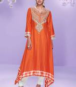 Orange embroidered,mirror,& sequins, printed silk a-line high low kurti pant suit -  free size stitching (size upto 42")