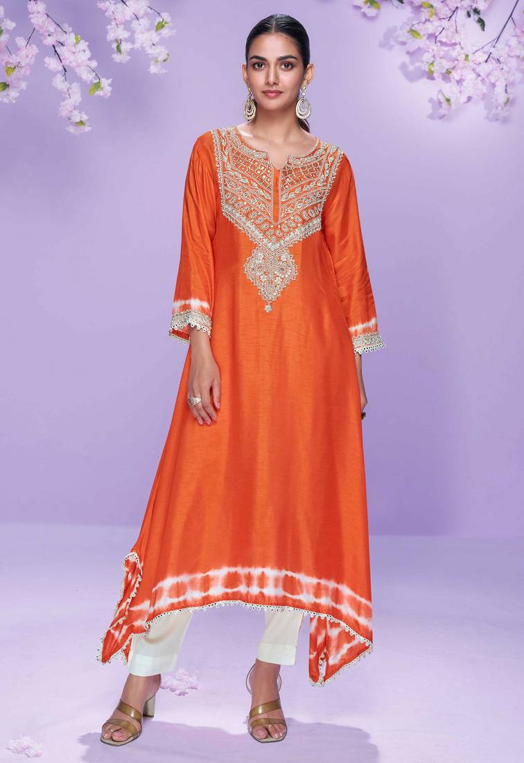 Orange embroidered,mirror,& sequins, printed silk a-line high low kurti pant suit -  free size stitching (size upto 42")