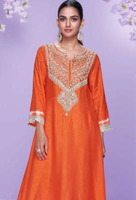 Orange embroidered,mirror,& sequins, printed silk a-line high low kurti pant suit -  free size stitching (size upto 42") 2