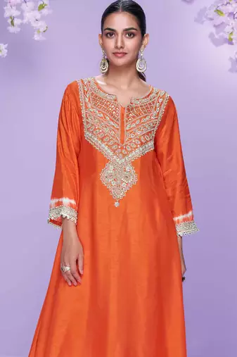 Orange embroidered,mirror,& sequins, printed silk a-line high low kurti pant suit -  free size stitching (size upto 42")