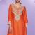 Orange embroidered,mirror,& sequins, printed silk a-line high low kurti pant suit -  free size stitching (size upto 42")