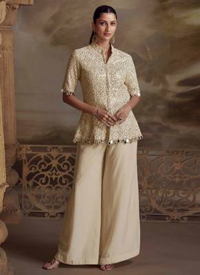 Cream embroidery mirror work stone & sequins viscos straight kurta palazzo suit - free size(size upto 42") 1