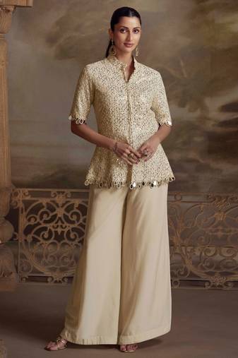 Cream embroidery, mirror work, stone & sequins viscos straight kurta palazzo suit -  free size stitching (size upto 42")