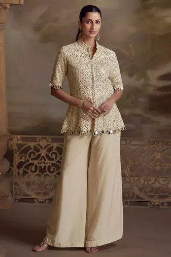 Cream embroidery, mirror work, stone & sequins viscos straight kurta palazzo suit -  free size stitching (size upto 42")