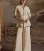 Cream embroidery mirror work stone & sequins viscos straight kurta palazzo suit - free size(size upto 42")