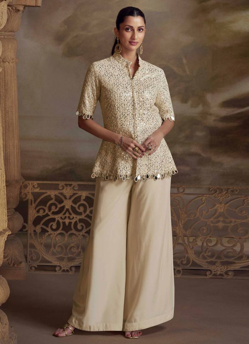 Cream embroidery, mirror work, stone & sequins viscos straight kurta palazzo suit -  free size stitching (size upto 42")