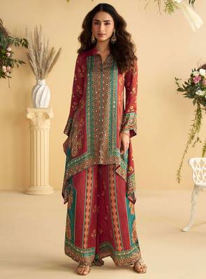 Multi embroidery hand,sequins & digital printed crep silk cord set palazzo suit -  free size stitching (size upto 42") 1