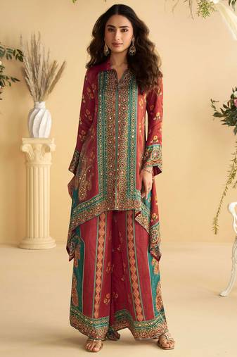 Multi embroidery hand,sequins & digital printed crep silk cord set palazzo suit -  free size stitching (size upto 42")