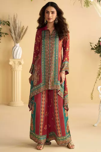 Multi embroidery hand,sequins & digital printed crep silk cord set palazzo suit -  free size stitching (size upto 42")