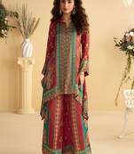 Multi embroidery hand,sequins & digital printed crep silk cord set palazzo suit -  free size stitching (size upto 42")