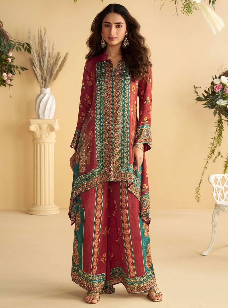 Multi embroidery hand,sequins & digital printed crep silk cord set palazzo suit -  free size stitching (size upto 42")
