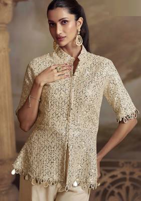 Cream embroidery mirror work stone & sequins viscos straight kurta palazzo suit - free size(size upto 42") 2