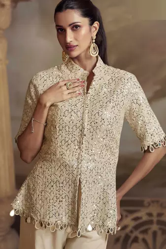 Cream embroidery mirror work stone & sequins viscos straight kurta palazzo suit - free size(size upto 42")
