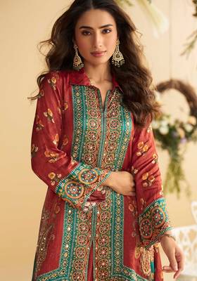 Multi embroidery hand,sequins & digital printed crep silk cord set palazzo suit -  free size stitching (size upto 42") 2