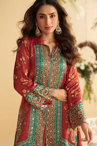 Multi embroidery hand,sequins & digital printed crep silk cord set palazzo suit -  free size stitching (size upto 42")