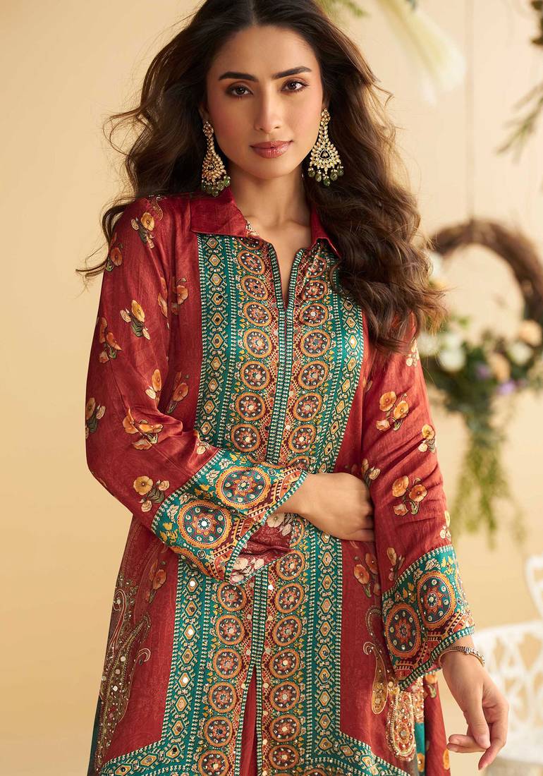 Multi embroidery hand,sequins & digital printed crep silk cord set palazzo suit -  free size stitching (size upto 42")