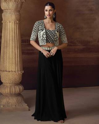Black embroidery mirror stone & sequins work chinnon silk blouse palazzo suit - free size(size upto 42") 1