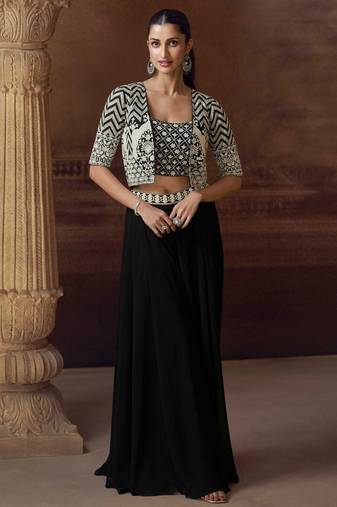 Black embroidery, mirror, stone & sequins work chinnon silk blouse palazzo suit -  free size stitching (size upto 42")