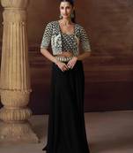 Black embroidery mirror stone & sequins work chinnon silk blouse palazzo suit - free size(size upto 42")