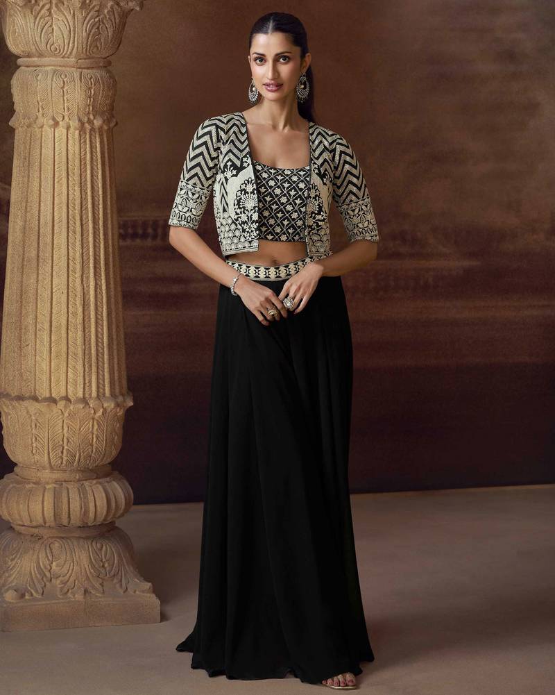 Black embroidery, mirror, stone & sequins work chinnon silk blouse palazzo suit -  free size stitching (size upto 42")